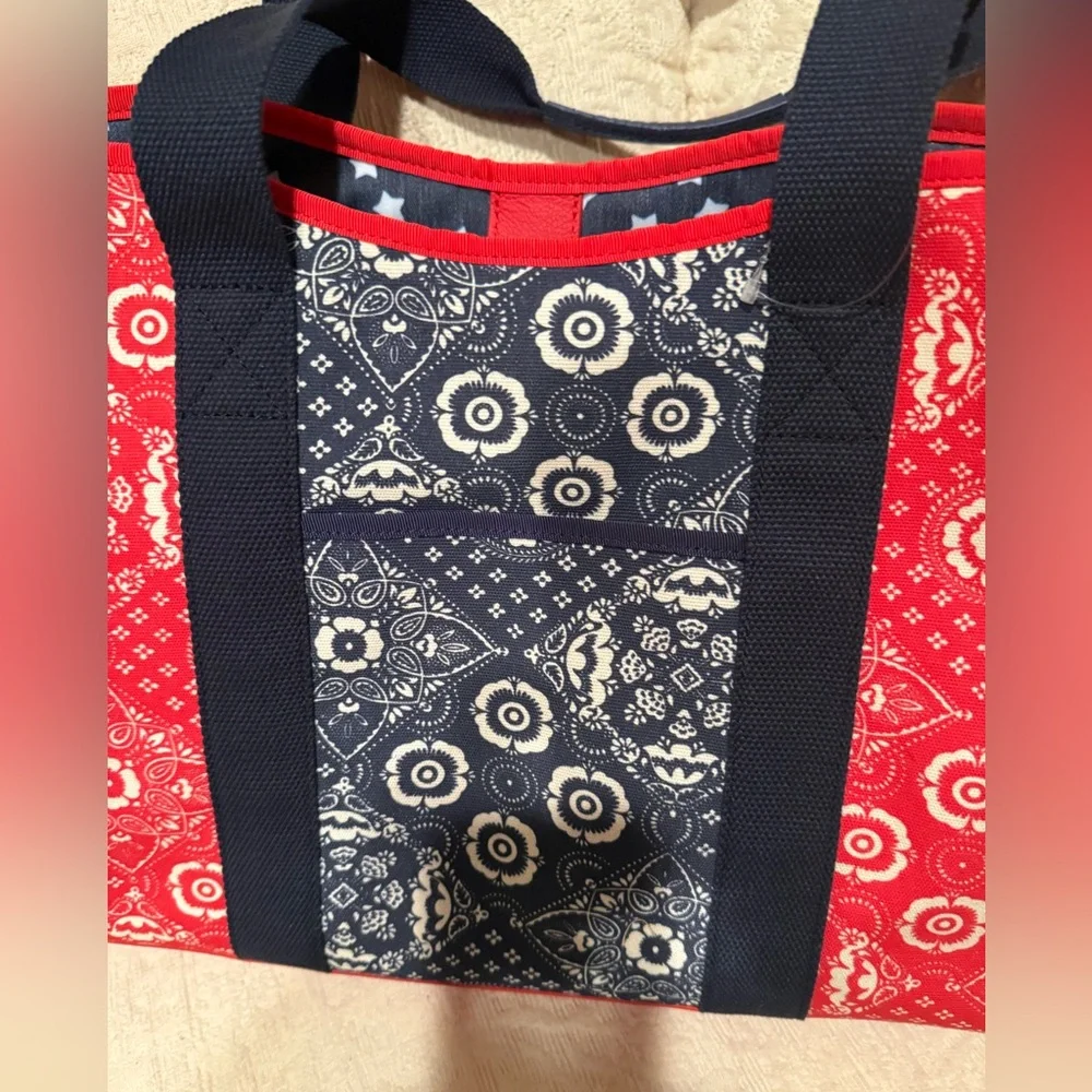Talbots Canvas Tote Red White Blue Hankerchief Print Purse w Pockets Mag Closure